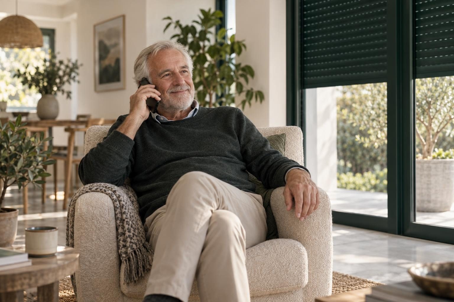 Ein älterer Mieter telefoniert entspannt in seinem Wohnzimmer