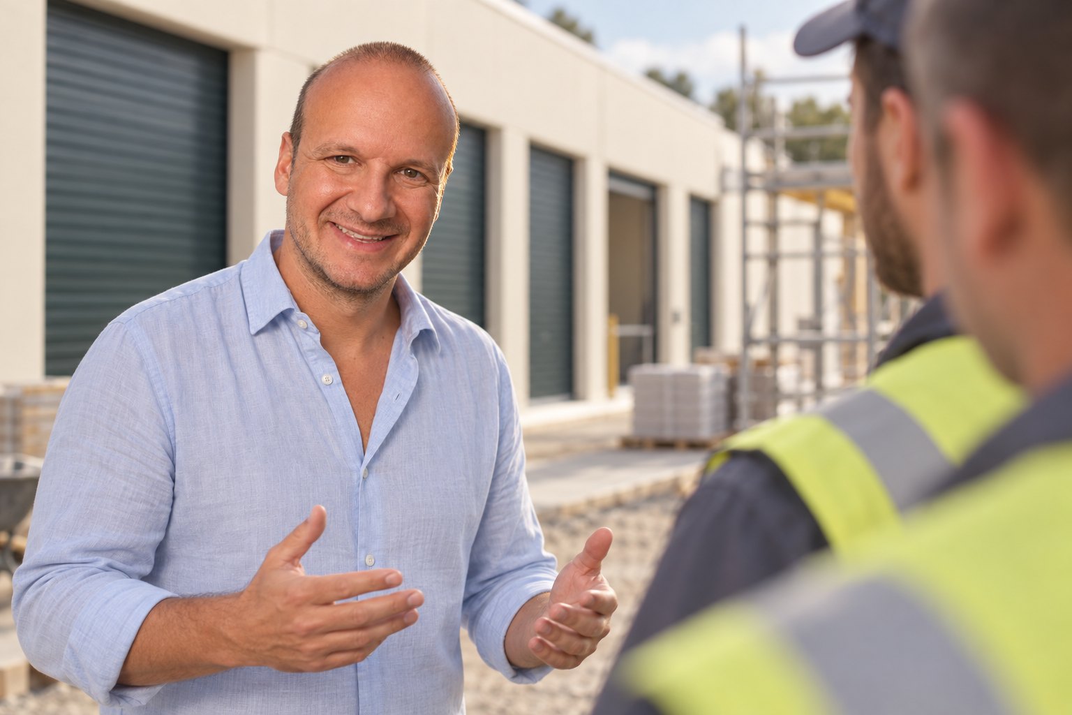 Christoph Digwa im Gespräch mit einem Team auf der Baustelle einer Lageranlage