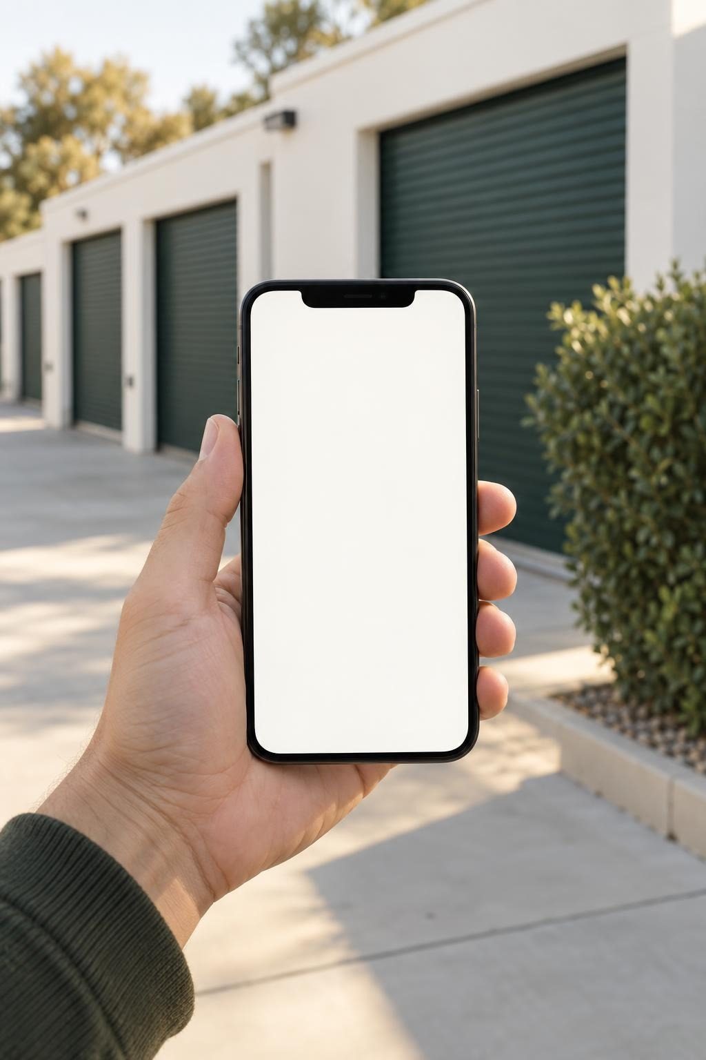 Hand hält ein Smartphone mit dem Estovo-Mieterbereich vor einer Lageranlage