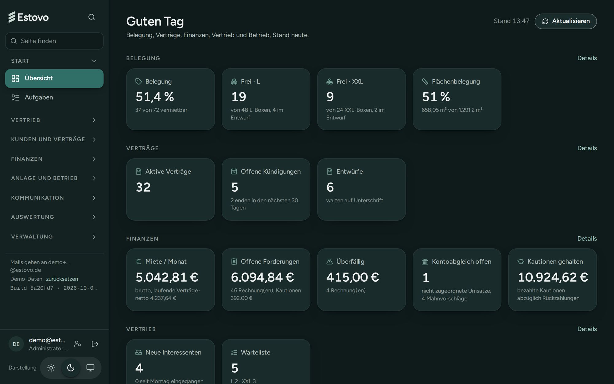 Estovo-Verwaltung: Übersicht (dunkle Darstellung)