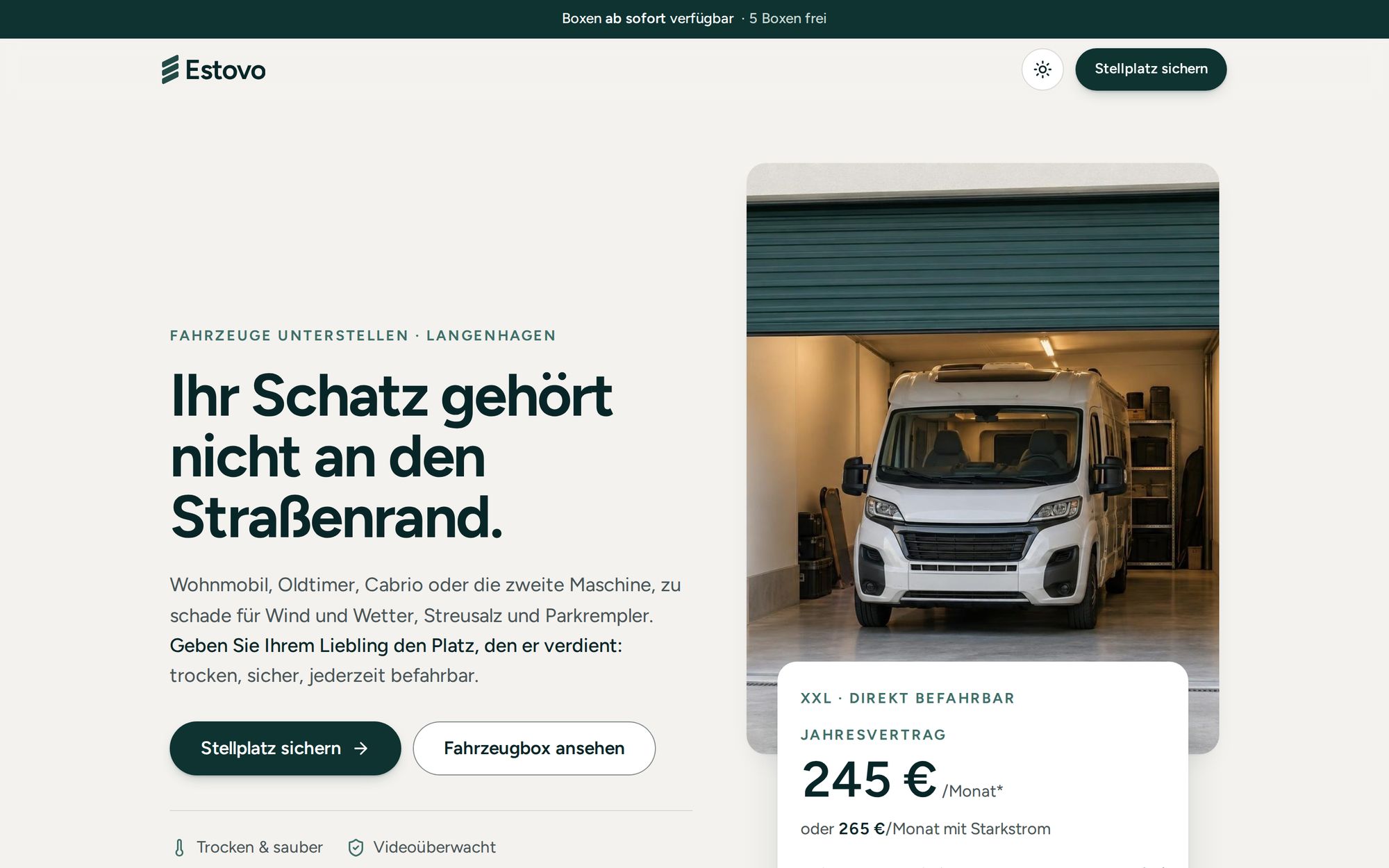 Landingpage für Fahrzeuge: „Ihr Schatz gehört nicht an den Straßenrand.“, Wohnmobil in einer XXL-Box, Preis und Buchungsknopf