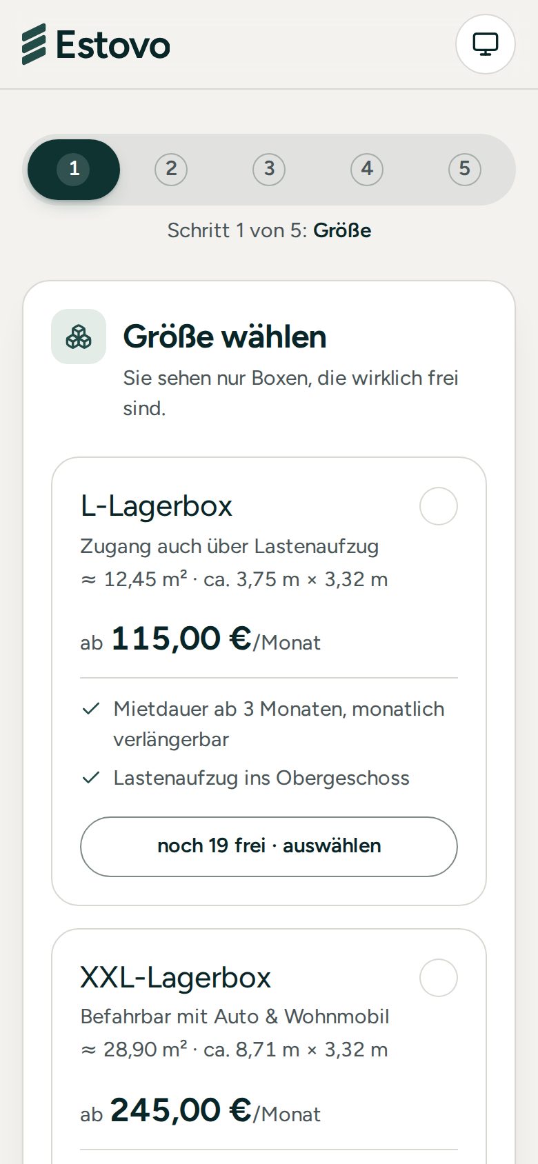 Buchung auf dem Smartphone: Schritt 1 von 5, Größe wählen, mit zwei Boxgrößen und Preisen