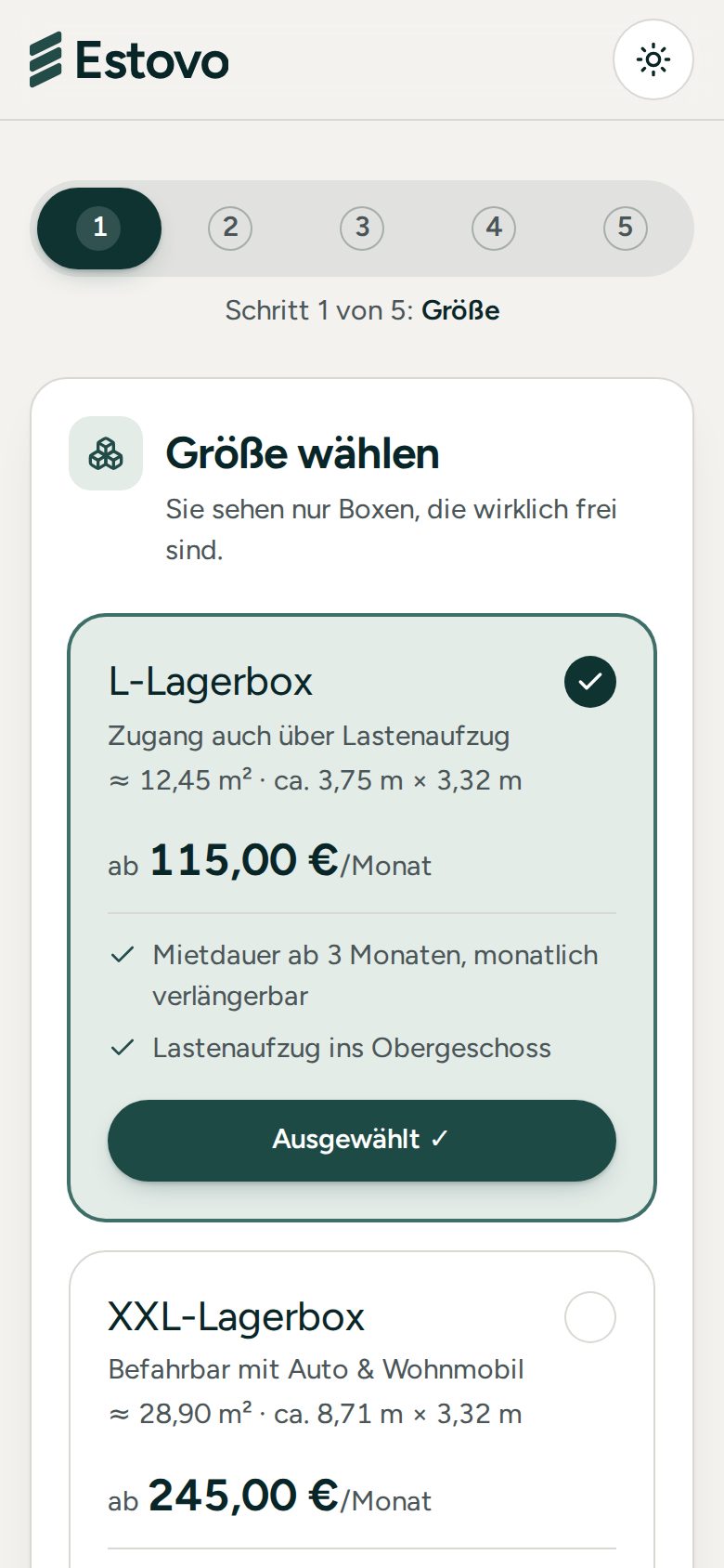 Buchung auf dem Smartphone: L-Lagerbox ausgewählt